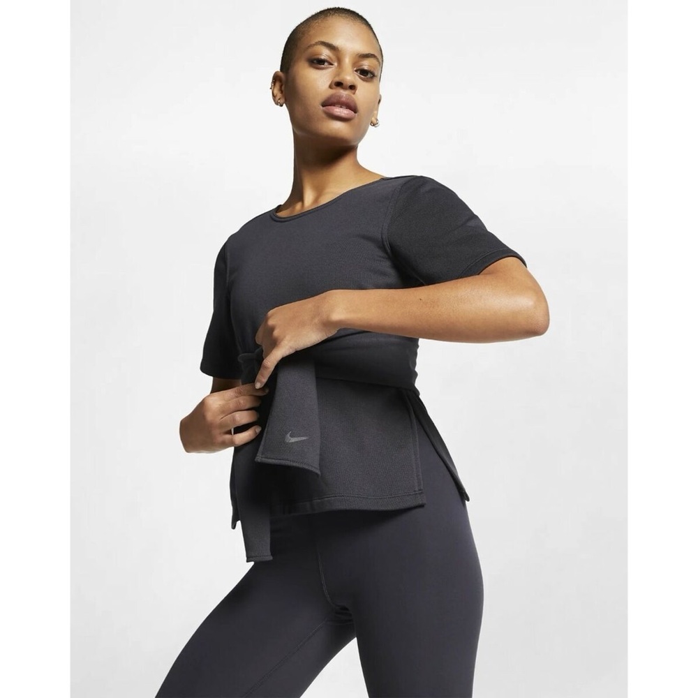 Nike Sportswear Studio Short Sleeve Yoga Wrap Tie Training Top Oil Grey Black